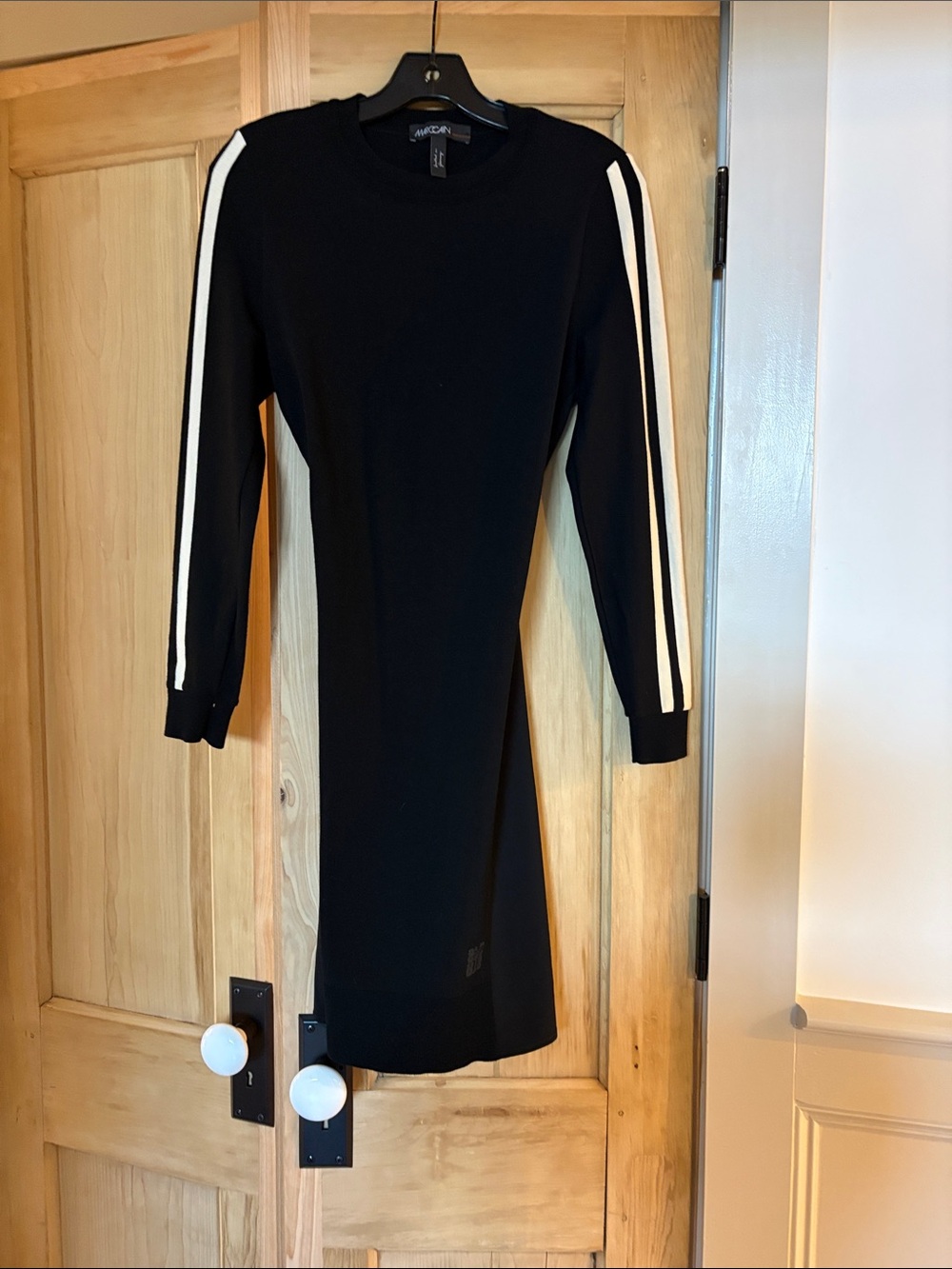 Marc Cain Black Knit Long Sleeve Dress with White Sleeve Stripes